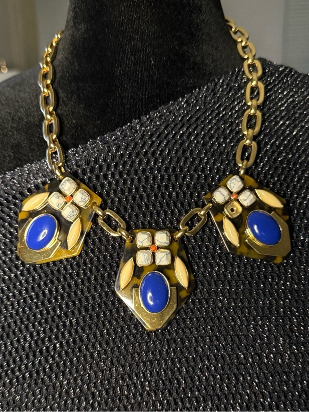 J.Crew Tortoise Shell Cobalt Blue Statement Necklace Gold Tone Geometric Bib